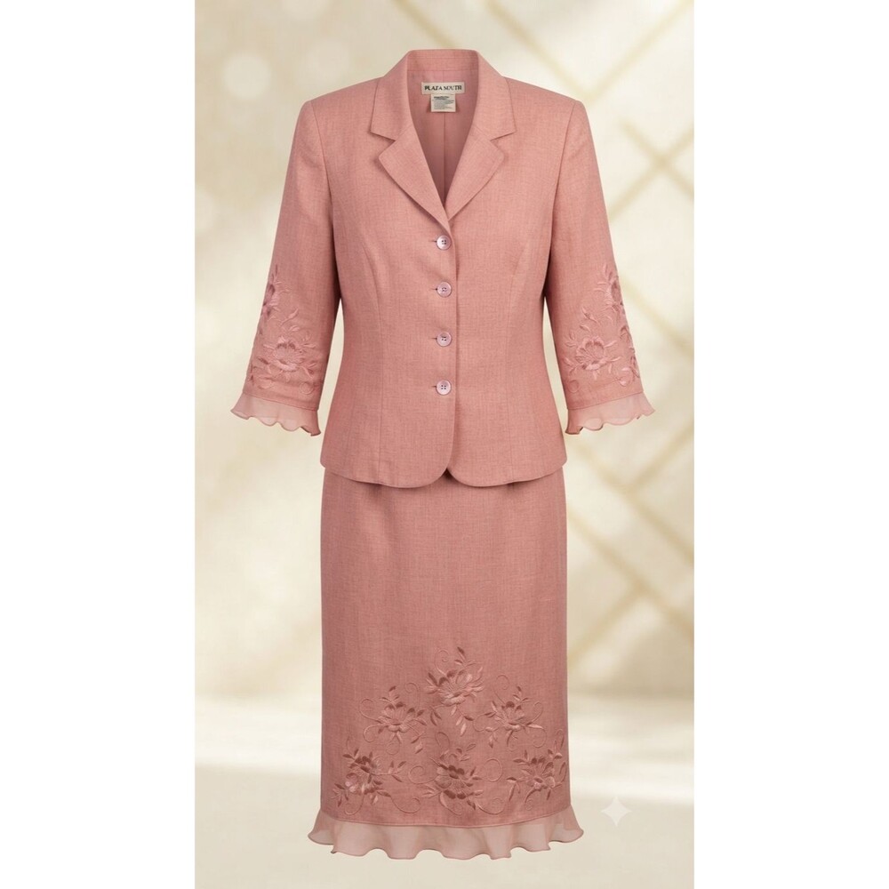 Vntg Plaza South Pink Linen Blend Skirt Suit Set 8 Floral Embroidered Ruffle